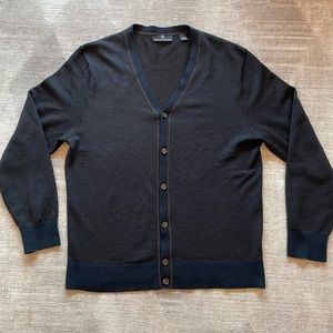 Hart Schaffner Marx Cardigan Mens 100% Merino Wool Navy Brown trim Sweater Sz L